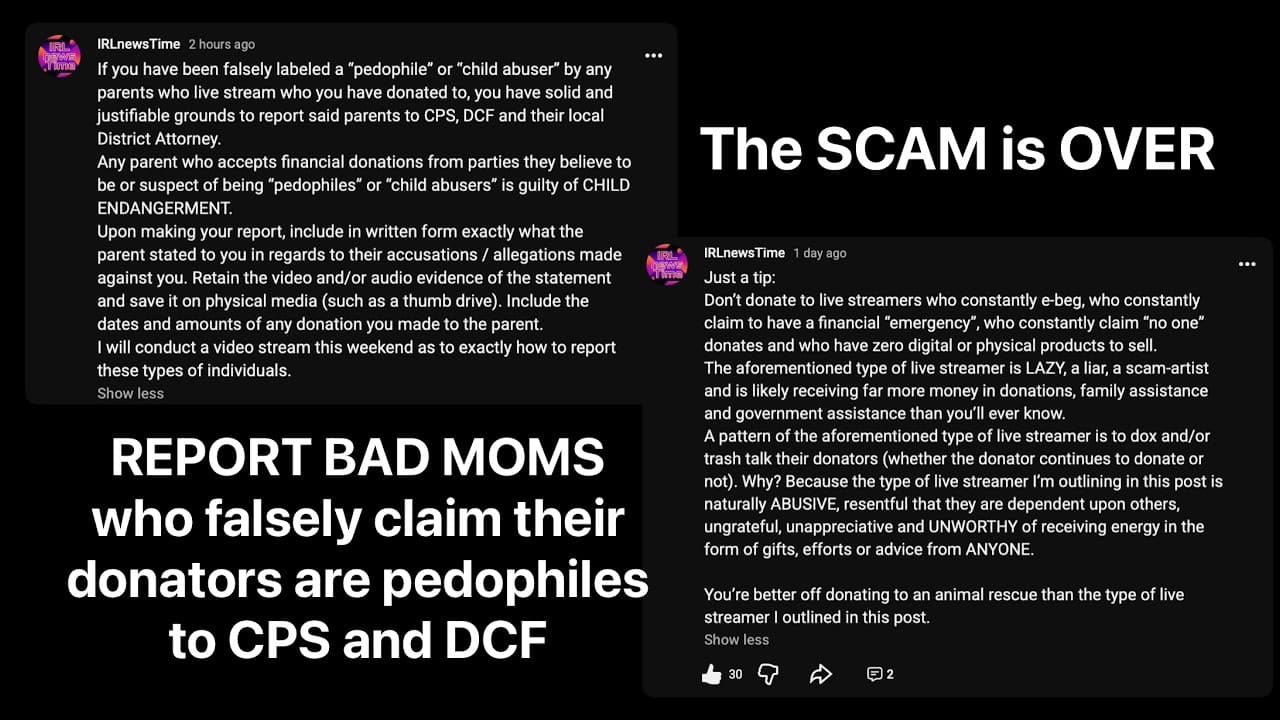 IRLnewsTime - bad moms falsely labeling good people who donate to them "pedophiles" is the new SCAM