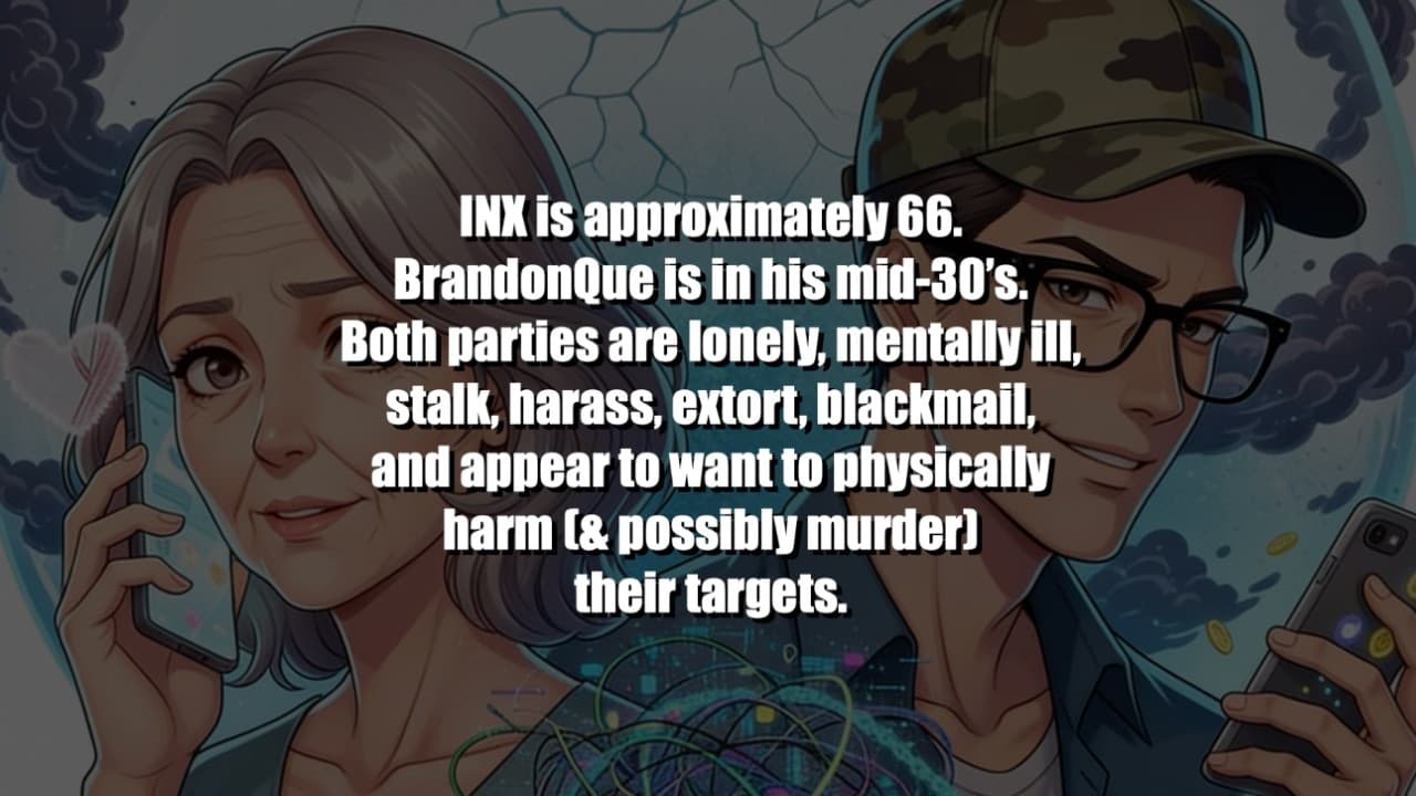 BrandonQue (mid-30's) e-dating Karen aka INX (mid-60's) - both plan to stalk & assault their targets
